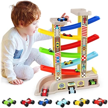 Montessori Car Ramp Toy for 2-3 Year Olds - 6 Cars & Parking Lots