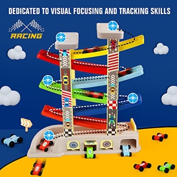 Montessori Car Ramp Toy for 2-3 Year Olds - 6 Cars & Parking Lots