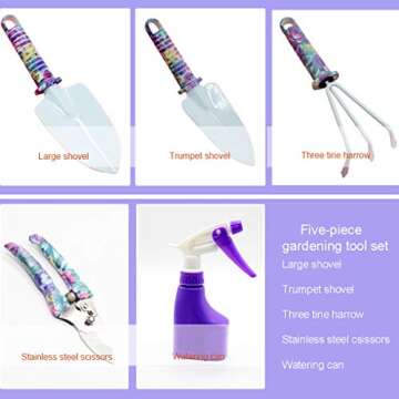 Anti-Rust Garden Tool Set with Carrying Case, 5 Piece Stainless Steel Gardening Kit with Floral Pattern Grass Flower Branch Trimmer Garden Hand Tool Sprayer Farmer Box Gardening Tool for Adults Kids