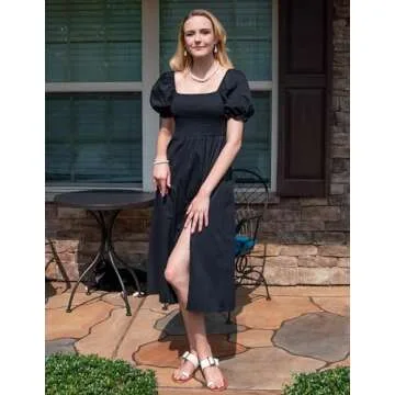Women's Summer Casual Puff Sleeve Dress Square Neck Smocked Off Shoulder Boho Side Split Midi Dresses