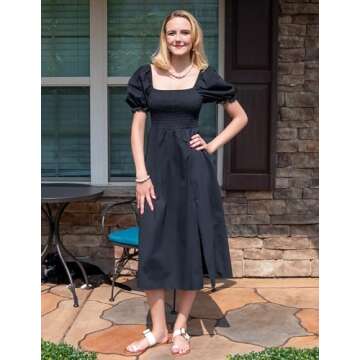 Women's Summer Casual Puff Sleeve Dress Square Neck Smocked Off Shoulder Boho Side Split Midi Dresses