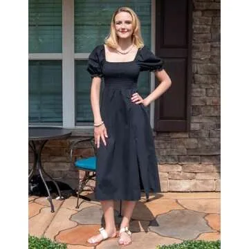 Women's Summer Casual Puff Sleeve Dress Square Neck Smocked Off Shoulder Boho Side Split Midi Dresses