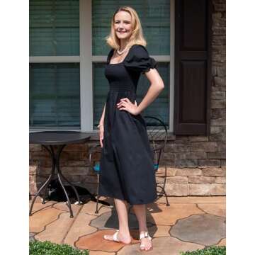 Women's Summer Casual Puff Sleeve Dress Square Neck Smocked Off Shoulder Boho Side Split Midi Dresses