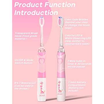 SEAGO Kids Electric Toothbrush with 2 Mins Timer and 4 Replacement Bursh Heads, Rainbow LED Light Make Brushing Fun, Pink Color Girls Battery Powerd for 4-12 Years Old，SG-977