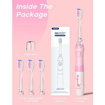 SEAGO Kids Electric Toothbrush with 2 Mins Timer and 4 Replacement Bursh Heads, Rainbow LED Light Make Brushing Fun, Pink Color Girls Battery Powerd for 4-12 Years Old，SG-977