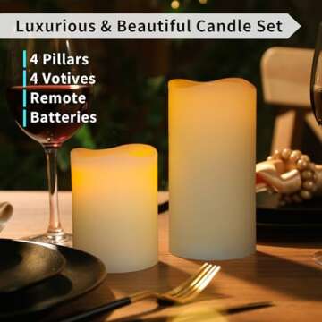FURORA LIGHTING Ivory Real Wax Flameless Candles with Remote and Timer, 4 Pillars and 4 Votives Pack of 8, Flameless Flickering Candles for Home Décor, Battery Included
