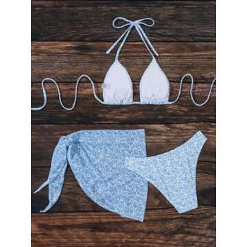 SHENHE Women's 3 Piece Textured High Cut Halter Triangle Bikini Swimsuit with Cover Up Floral Light Blue Small