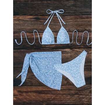 SHENHE Women's 3 Piece Textured High Cut Halter Triangle Bikini Swimsuit with Cover Up Floral Light Blue Small