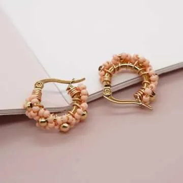 Sonateomber Handmade Beaded Gold Hoop Earrings for Women, Cute Boho Small Coral Pink Seed Beads Flower Bohemia Huggie Cartilage Hypoallergenic Prom Holiday Jewelry Gift