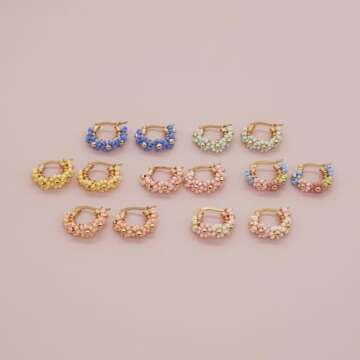 Sonateomber Handmade Beaded Gold Hoop Earrings for Women, Cute Boho Small Coral Pink Seed Beads Flower Bohemia Huggie Cartilage Hypoallergenic Prom Holiday Jewelry Gift