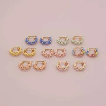 Sonateomber Handmade Beaded Gold Hoop Earrings for Women, Cute Boho Small Coral Pink Seed Beads Flower Bohemia Huggie Cartilage Hypoallergenic Prom Holiday Jewelry Gift