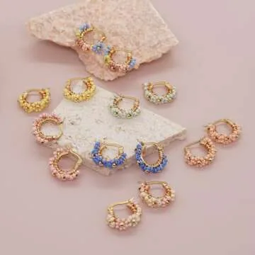 Sonateomber Handmade Beaded Gold Hoop Earrings for Women, Cute Boho Small Coral Pink Seed Beads Flower Bohemia Huggie Cartilage Hypoallergenic Prom Holiday Jewelry Gift