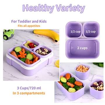 Genteen Bento Box for Kids, Kids Lunch Box with 3 Removable Compartments, Toddler Lunch Box for Daycare, School, Ideal Portion Size for Ages 3 to 7 BPA-Free Dishwasher Safe-Green - Purple