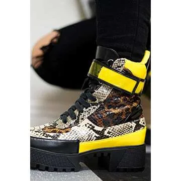 Cape Robbin Future Wave Combat Boots for Women Platform Boots with Chunky Block Heels Womens High Tops Boots,Leopard,7