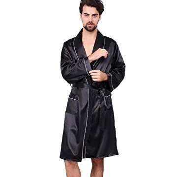 Haseil Men's Satin Kimono Robe Spring Summer Shawl Collar Sleepwear Classic Silk Bathrobes, Black1,TagsizeXL=USsizeS/M