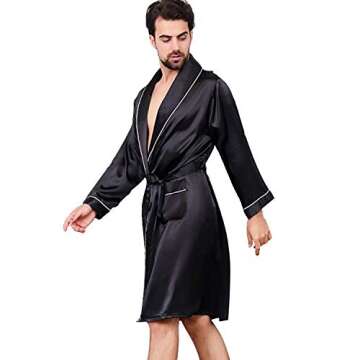 Haseil Men's Satin Kimono Robe Spring Summer Shawl Collar Sleepwear Classic Silk Bathrobes, Black1,TagsizeXL=USsizeS/M