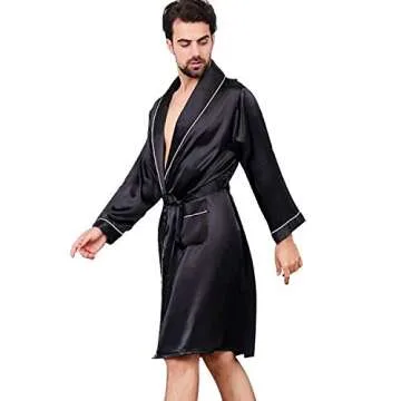 Haseil Men's Satin Kimono Robe Spring Summer Shawl Collar Sleepwear Classic Silk Bathrobes, Black1,TagsizeXL=USsizeS/M