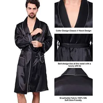 Haseil Men's Satin Kimono Robe Spring Summer Shawl Collar Sleepwear Classic Silk Bathrobes, Black1,TagsizeXL=USsizeS/M