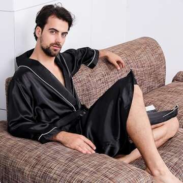 Haseil Men's Satin Kimono Robe Spring Summer Shawl Collar Sleepwear Classic Silk Bathrobes, Black1,TagsizeXL=USsizeS/M