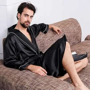 Haseil Men's Satin Kimono Robe Spring Summer Shawl Collar Sleepwear Classic Silk Bathrobes, Black1,TagsizeXL=USsizeS/M