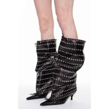 Goolita Women's Pointed Toe Metal Eyelets Knee High Boots Kitten Heel Lace Up Bow Slip on Wide Calf Tall Boots