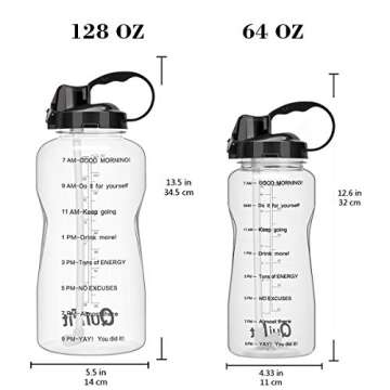 QuiFit Half Gallon Water Bottle - with Straw & Time Marker,BPA Free Reusable Large Leakproof Portable Water Jug,for Fitness Camping Outdoor Sports (Clear/Black 64oz)