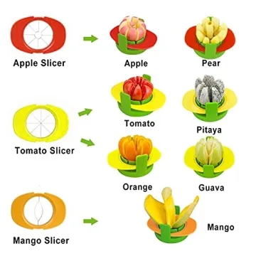 Fruit Cutter Slicer, 4 in 1 Apple Slicer with Vegetable Peeler & Cleaning Brush Mango Cutter Corer Remover Tomato Wedges Stainless Steel Heavy Duty Fruit & Vegetable Cutter Easy Kitchen Tool