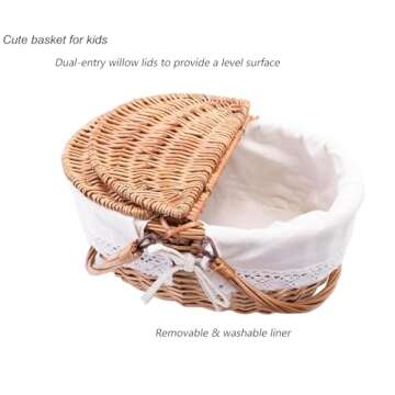 Cute 12.9" Wicker Picnic Basket for Kids with Removable Liner Empty Baskets with Lids, Picnic Hamper with Foldable Handles, Natural Color, Small