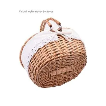 Cute 12.9" Wicker Picnic Basket for Kids with Removable Liner Empty Baskets with Lids, Picnic Hamper with Foldable Handles, Natural Color, Small