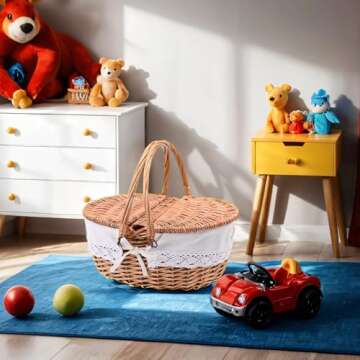 Cute 12.9" Wicker Picnic Basket for Kids with Removable Liner Empty Baskets with Lids, Picnic Hamper with Foldable Handles, Natural Color, Small
