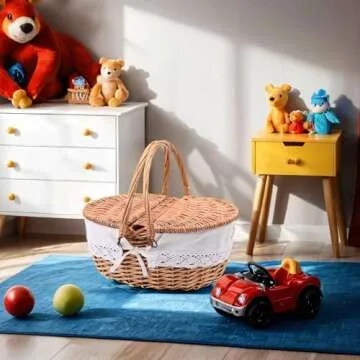 Cute 12.9" Wicker Picnic Basket for Kids with Removable Liner Empty Baskets with Lids, Picnic Hamper with Foldable Handles, Natural Color, Small