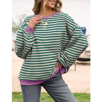 UEU Womens Oversized Long Sleeve Crew Neck Sweatshirts Soft Lightweight Cozy Pullover Tops Malachite Green Striped Large