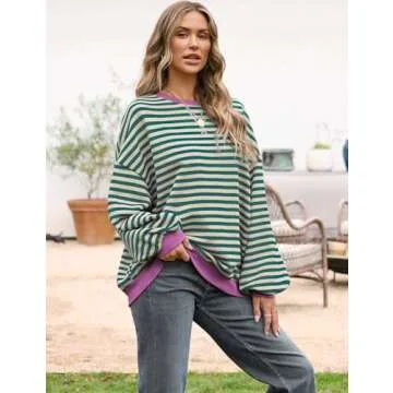 UEU Womens Oversized Long Sleeve Crew Neck Sweatshirts Soft Lightweight Cozy Pullover Tops Malachite Green Striped Large