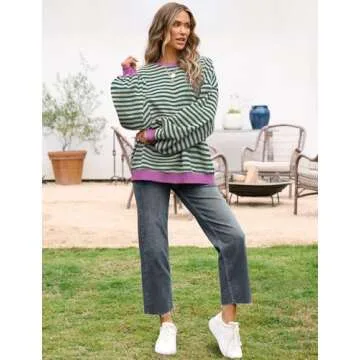 UEU Womens Oversized Long Sleeve Crew Neck Sweatshirts Soft Lightweight Cozy Pullover Tops Malachite Green Striped Large