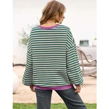 UEU Womens Oversized Long Sleeve Crew Neck Sweatshirts Soft Lightweight Cozy Pullover Tops Malachite Green Striped Large