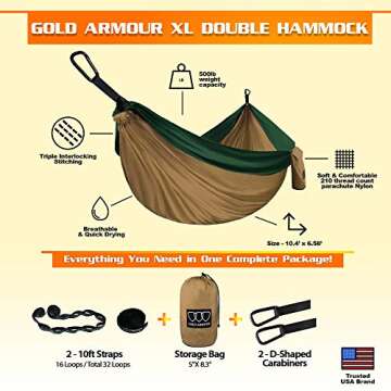 Gold Armour Camping Hammock - XL Double Hammock Portable Hammock Camping Accessories Gear for Outdoo...