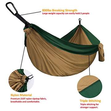 Gold Armour Camping Hammock - XL Double Hammock Portable Hammock Camping Accessories Gear for Outdoor Indoor with Tree Straps, USA Based Brand (Khaki and Dark Green)