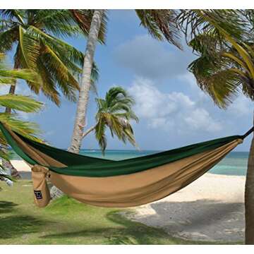 Gold Armour Camping Hammock - XL Double Hammock Portable Hammock Camping Accessories Gear for Outdoor Indoor with Tree Straps, USA Based Brand (Khaki and Dark Green)