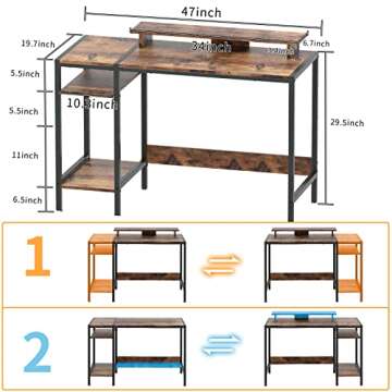 MINOSYS Gaming/Computer Desk - 47” Home Office Small Desk with Monitor Stand, Rustic Writing Desk for 2 Monitors, Adjustable Storage Space, Modern Design Corner Table.