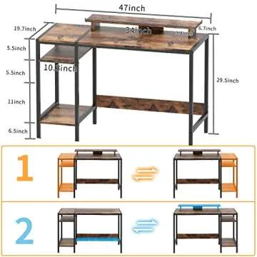 MINOSYS Gaming/Computer Desk - 47” Home Office Small Desk with Monitor Stand, Rustic Writing Desk for 2 Monitors, Adjustable Storage Space, Modern Design Corner Table.