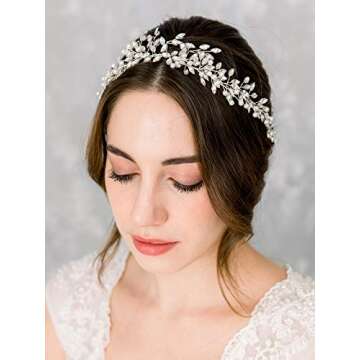 SWEETV Silver Bridal Headband Crystal Wedding Headpieces for Bride Pearl Hair Vine Wedding Hair Acce...