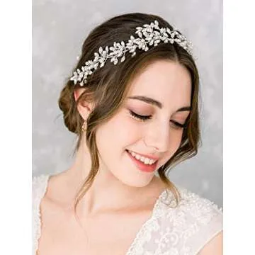 SWEETV Silver Bridal Headband Crystal Wedding Headpieces for Bride Pearl Hair Vine Wedding Hair Accessories for Flower Girl Bridesmaid