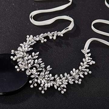 SWEETV Silver Bridal Headband Crystal Wedding Headpieces for Bride Pearl Hair Vine Wedding Hair Accessories for Flower Girl Bridesmaid