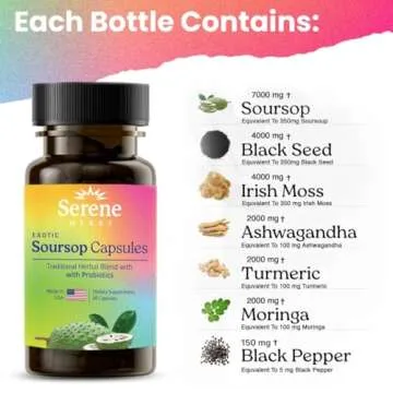 Serene Herbs Soursop Capsules with Probiotics & Soursop Bitters for Immune Support & Gut Health with Black Seed Oil, Moringa, Ashwaganda, Turmeric, Senna | Irish Moss & Ginger | 60 Capsules