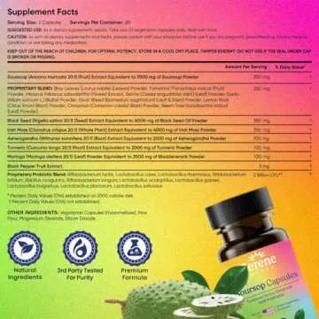 Serene Herbs Soursop Capsules with Probiotics & Soursop Bitters for Immune Support & Gut Health with Black Seed Oil, Moringa, Ashwaganda, Turmeric, Senna | Irish Moss & Ginger | 60 Capsules