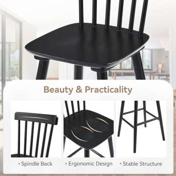 LUE BONA Windsor Wooden Bar Stools Set of 4 for Kitchen Island, Farmhouse 26 Inch Counter Height Stools Chairs with Spindle Back, Black