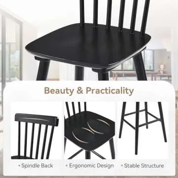 LUE BONA Windsor Wooden Bar Stools Set of 4 for Kitchen Island, Farmhouse 26 Inch Counter Height Stools Chairs with Spindle Back, Black