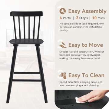 LUE BONA Windsor Wooden Bar Stools Set of 4 for Kitchen Island, Farmhouse 26 Inch Counter Height Stools Chairs with Spindle Back, Black