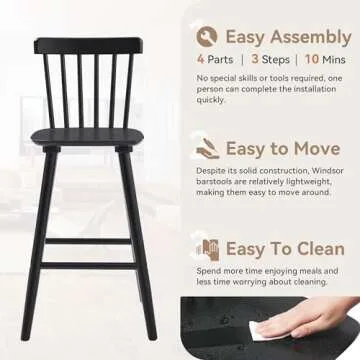 LUE BONA Windsor Wooden Bar Stools Set of 4 for Kitchen Island, Farmhouse 26 Inch Counter Height Stools Chairs with Spindle Back, Black