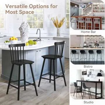 LUE BONA Windsor Wooden Bar Stools Set of 4 for Kitchen Island, Farmhouse 26 Inch Counter Height Stools Chairs with Spindle Back, Black